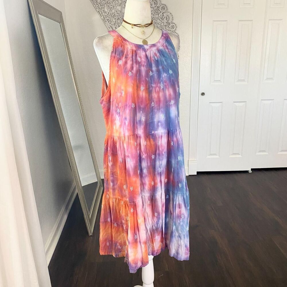 Early 2000's Floral 100% Cotton Orange Pink Purple Tie Die Babydoll Dress L - Picture 2 of 7
